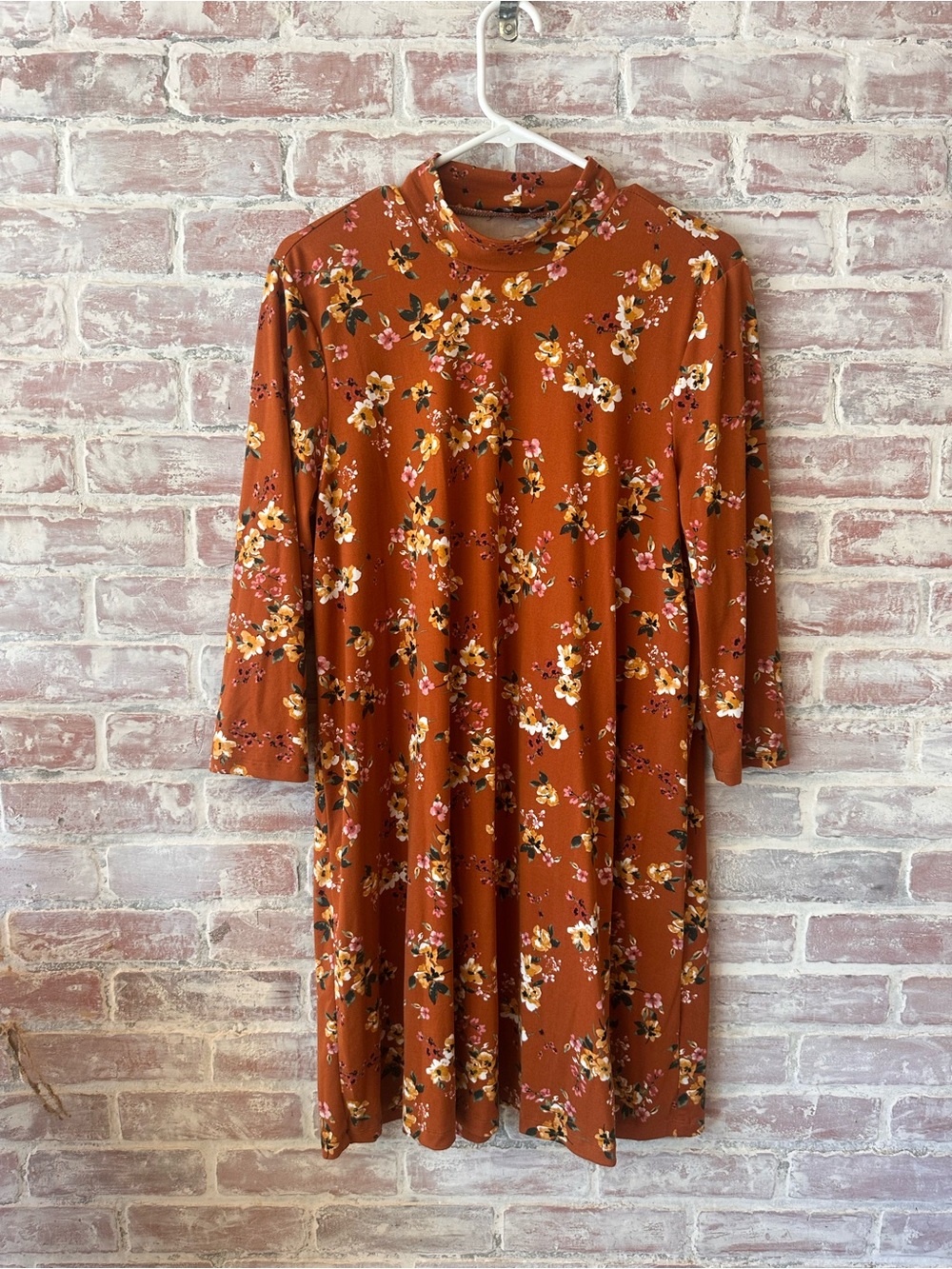 As U Wish Rust Floral Long Sleeve Mock Neck Dress